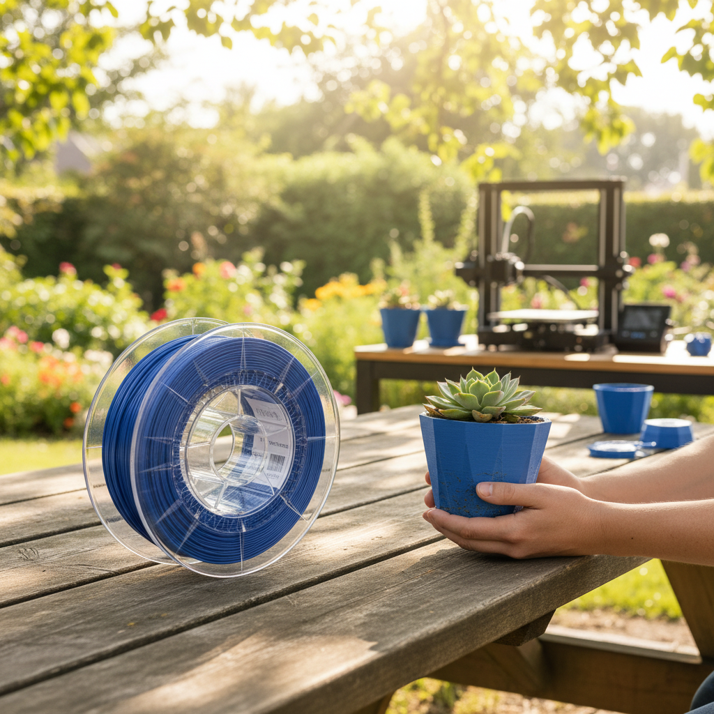 PETG Premium filament - A person holding a 3D printed plant pot outdoor in the sun, illustrating PETG durability in external conditions