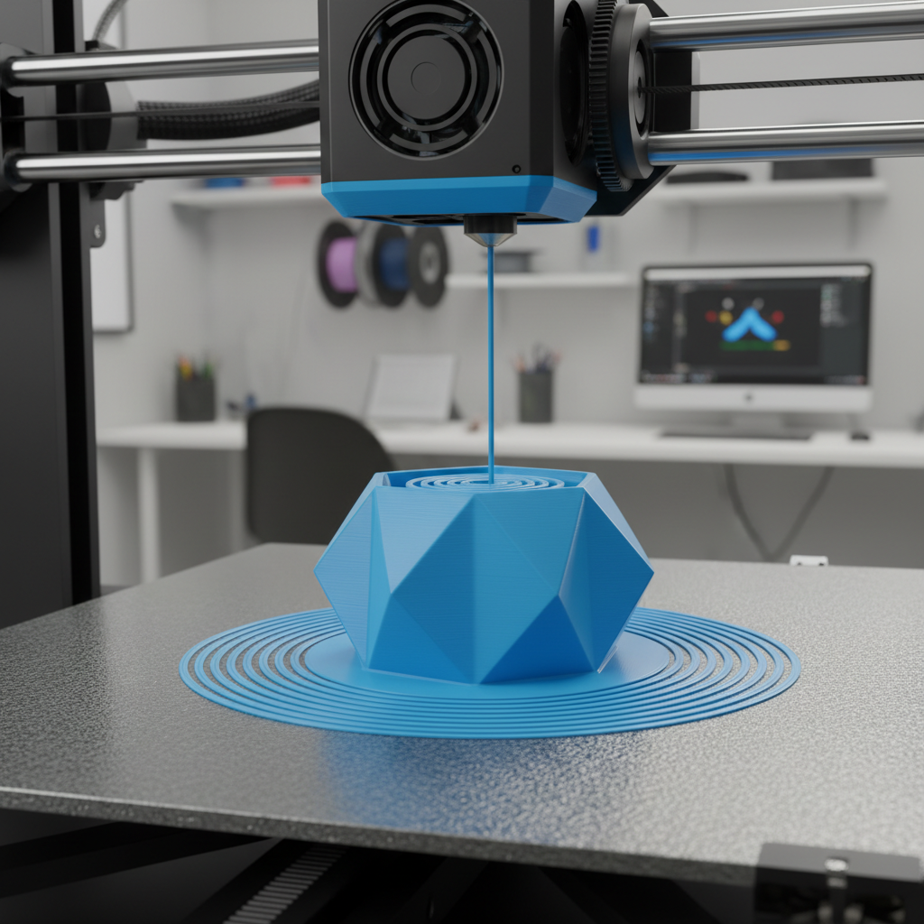 3D pisač ispisuje objekt iz plavog PLA filamenta. Filament je gladak i savršen, naglašavajući kvalitetu.