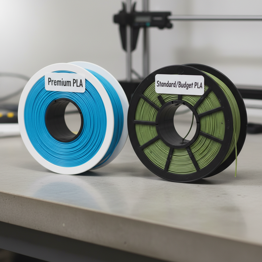 Usporedba dva kalema PLA filamenta: jedan je Crofil Premium, uredno namotan i ujednačen, a drugi je jeftiniji, s vidljivim nesavršenostima.